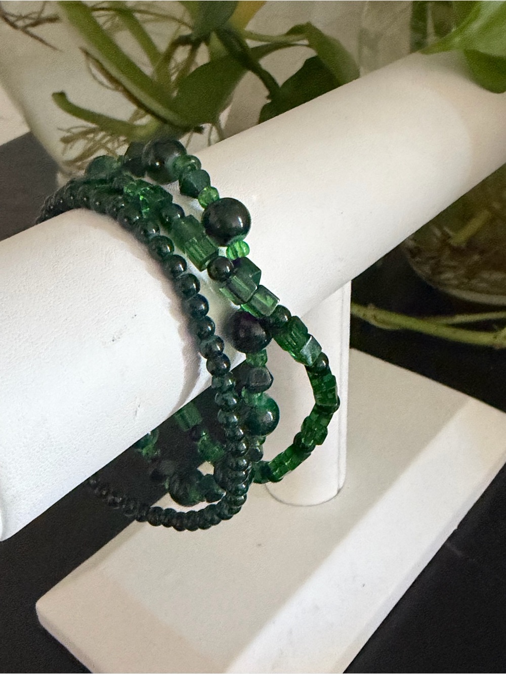 Vintage Multi Strand Green Glass Beads Toggle Beaded Bracelet